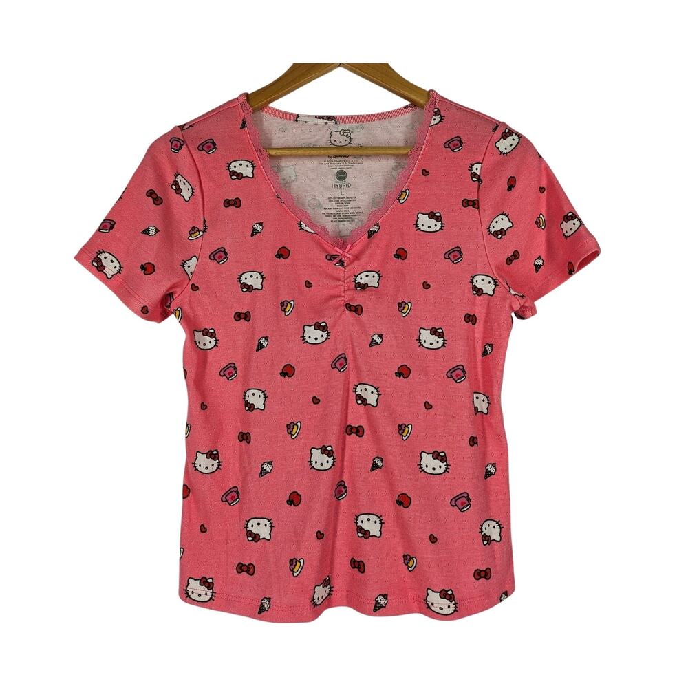 HELLO KITTY BY SANRIO WOMEN'S V-NECK T-SHIRT CHARACTER PRINT TOP - SIZE LARGE